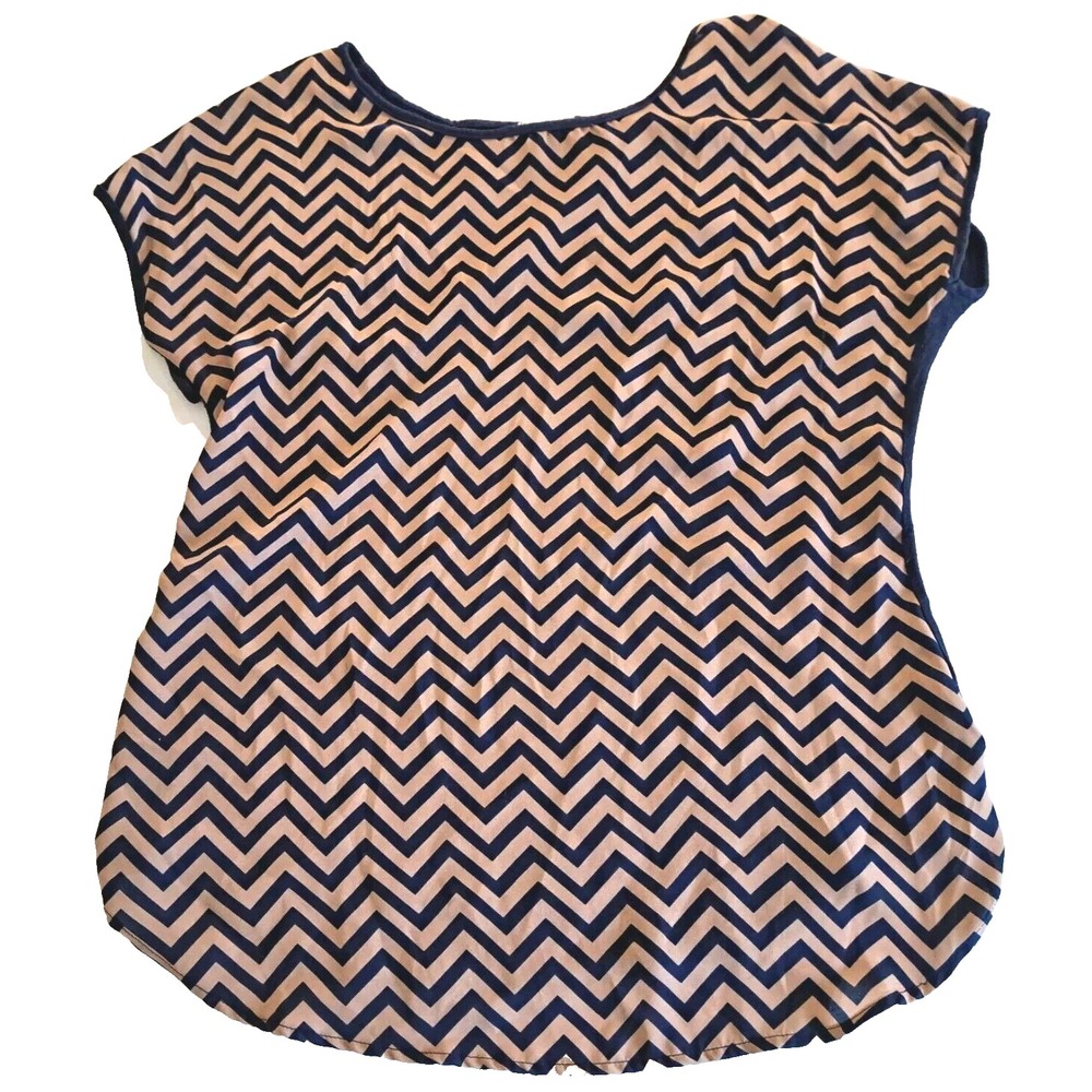 Emi &‎ Joe Blouse Women's Large L Short Sleeve Chevron Pullover Navy Tan